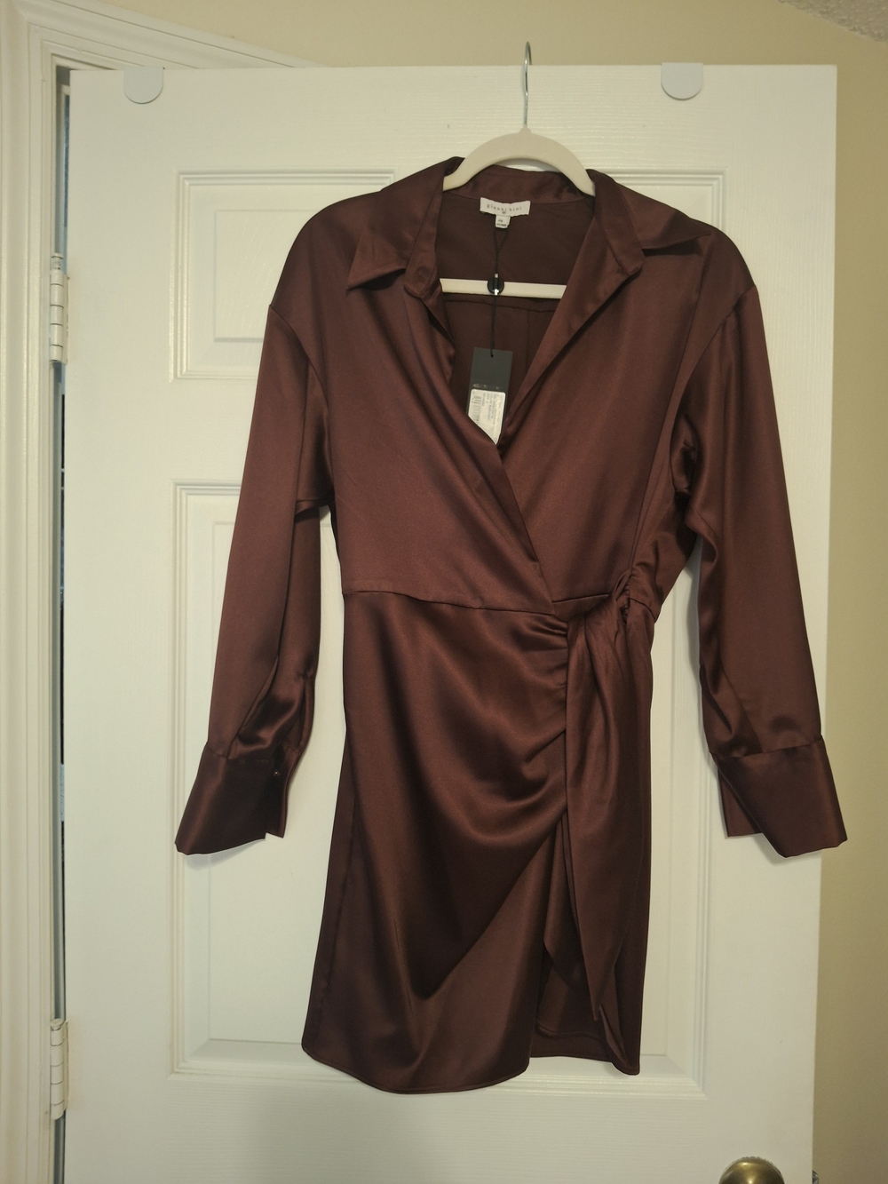 Gianni Bini Satin Wrap Dress in Chocolate Brown
